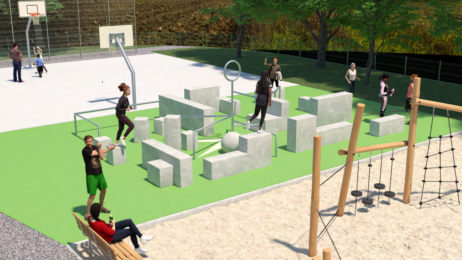Een referentiebeeld van het ontwerp. Je ziet hierop het freerunning parcours.